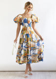 Summer New Bubble Sleeve Holiday Show Skinny Dress Babes High-Waisted Shoulder-Print Dress Dress