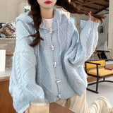 Autumn New Spring And Autumn Lazy Soft Knitted Cardigan Soft Knitted Cardigan Soft Tie Blue Hooded Sweater Coat Women Autumn And