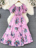 Summer Women Floral Chiffon Dress Vacation Beach Vestidos Female Elegant Slash Neck High Waist A-Line Midi Robe Bohemian