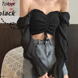 Women Square Collar Ulzzang Solid Butterfly-sleeve Sexy Lace-up Design Femme Chiffon Cropped Spring Cozy Newest