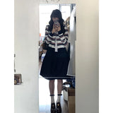 Color Design Sense Retro Striped Knitted Cardigan Women's Spring And Summer College Style Sweater Tibetan Blue Short Skirt Two-Piece