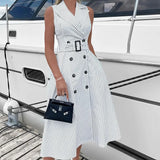 Toloer Spot 2024 Spring New Women's Fashion Temperament Striped Sleeveless Suit Collar Dress-Outfit