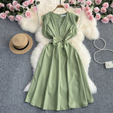 Toloer Fly Sleeve Dress Women's Summer New Design Sense V Collar Waist Show Thin Temperament Big Place French Fairy