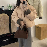 Korean Small Standing Collar Short Cotton Clothing Women's Winter 2024 New Sweet Bump Color Loose Bread Coat-Outfit