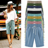 Summer Cotton Shorts Women Elasticity Waist Harajuku Lace Up Green Women's Oversize 8XL Knee Length Pants Trousers