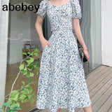 New Summer Fashion V-neck puff sleeve short Shirt Top + high waist pleated waist floral Skirt 2-piece