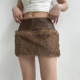 Cloth Forget Retro Brown Low-Waisted Umbilled Zip Hair Short Skirt Design Leather Splicing Bag Hip