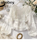 lace blouse shirt ladies French retro palace lantern sleeves lotus leaf lace shirts