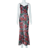 Flower Print Mesh Slip Maxi Dress-Outfit