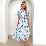 Spring Summer New Long Women's Bubble Sleeve High-End Print Sexy Style Women's Dress