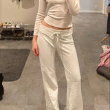 Toloer Style Design Sense Turned Waist Solid Color Knit Pants Women's Low Waist White Loose Straight Tube Casual Pants-Outfit
