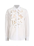 Toloer Autumn New Fashion Leisure Three-Dimensional Flower Splicing Advanced Sense Single Breasted Hollow Out Long Sleeve Shirt Female-Outfit