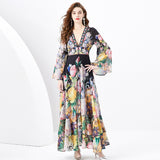 Retro Court Style Dress Female Design Horn Sleeves Long Chiffon Leaf-Side