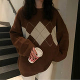 Vintage Argyle Print Round Neck Sweater-Outfit