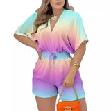 Summer New Women's Short-Sleeved V-Neck Tie With Waist Casual Shorts