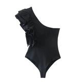 Women Green One Shoulder Bodysuits 2022 Summer Fashion Lady Sexy Slim Ruffles Bodysuits Female Solid Tight Sleeveless