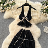 Holiday Suit Female Summer Sexy Hanging Neck V Neck Bare Back Chiffon Top High Waist Half Skirt