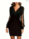 Toloer Women's New Mesh Patchwork Sexy Vintage Elegant V-Neck Party Club Dress-Outfit