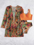 Toloer New Sexy Bikini Mesh Three-Piece Set Gathered Print Split Swimsuit