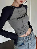 Raglan Contrast Color Slim Long Sleeve Tee-Outfit