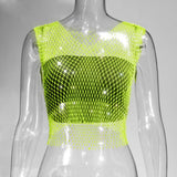 Toloer Nightclub Dresses Fishnet Hollow Out Rhinestone Vest Mesh Flash Diamond Sling Top