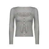 Korean Cute Y2K Retro Cotton Tops Lace Patchwork Buttons Kawaii Tshirts Autumn Square Collar Chic Casual