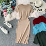 Solid-Color Temperament Round-Neck Knitted Tight Skirt Dress Bag Hip One-Step Skirt Dress Mid-Long