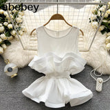 Summer Shirt For Women O Neck Sleeveless Sashes Casual Ruffle Blouses Female Clothing Fashion New 2022