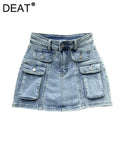 Women Denim Skirt High Waist Three-d Pocket Solid Color Slim A-line Patchwork Cargo Miniskirt 2024 Summer New Fashion 29L13-Outfit
