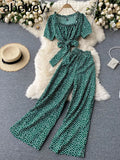 Women Summer Chic Korean Suit Sexy O Neck Chiffon Short Tops+High Waist Wide Leg Split Long Pants Two Piece