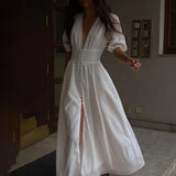 Toloer Wind 2024 New Elegant Dress Design Sense Bubble Sleeves Show Thin Temperament Slim Slit Skirt-Outfit