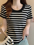 New Summer Style Xiaoxiangfeng Spliced Striped Short-Sleeved Knitted Cedar Thin Ice Silk T-Shirt-Outfit