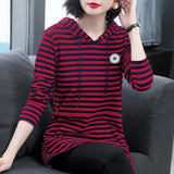Women's Autumn Winter New Long Sleeve Sweatshirts Hooded Round Neck Pullovers Casual Medium Length Fashion Loose Striped Tops-Outfit