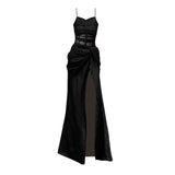 Women Black Elegant High Split Long Dress Strapless Neck Fashion Vintage Birthday Party Slip Evening Dress Summer Fashion-Outfit