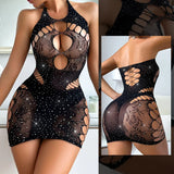 Black Sequin Fishnet Bodysuit Tights Lingerie-Outfit