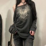 Toloer 2024 New Dark Wind Vintage Print Loose Jacket Diagonal Collar Hoodie Coat Female-Outfit