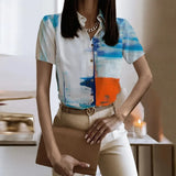 Lady Short Sleeve Print Shirt Top Casual Turn-down Collar Button Shirts For Women 2023 Spring Summer Slim Button Blouse-Outfit