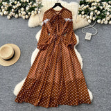 High-End Neckline Bow Tie Lantern Sleeve Lace Lace To Receive Waist Wave Dot Skirt Chiffon