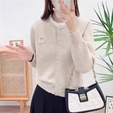 Round-Necked Pearl Sweater Women's European Station Europe 2024 New Spring Cardigan Sweet Gentle Wind Sweater-Outfit