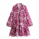 Single-Dlong Short Dress 2025 Spring/Summer V-Neck Print Long-Sleeved Loose