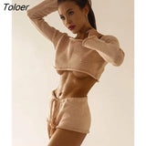 Knit Stripe Crop Top Shorts Suits Women Long Sleeves Top Drawstring Shorts 2 Two Piece Set Sweater 2023 Beach Holiday 425-0-Outfit