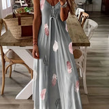 Toloer And Summer New Sleeveless Slim Feather Print Low Breast V Collar Sling Large Hem Skirt Women's Dress-Outfit