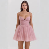 New Sweet Mesh Splicing Sling Princess Poneng Dress Sexy Body-Dexted Mini Dress