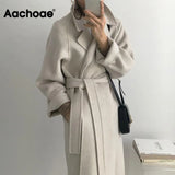 Autumn Winter Women Solid Color Long Wool Coat With Belt Female Elegant Office Long Sleeve Outerwear With Pockets