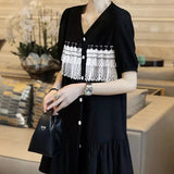 Casual V-Neck Lace Patchwork Mini Dress Summer Short Sleeve Fashion Single-breasted Women's Clothing Korean A-Line
