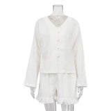 Toloer Women's Summer New Set Beige Long Sleeve Loose Casual Shirt High Waist Shorts Two-Piece Set-Outfit