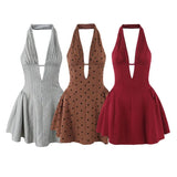 Dress Body With Bare Back Hanging Neck Dress Female Hollow Deep V-Necked Minority French Folded A-Word Mini-Skirt Dress