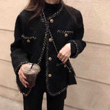Korean Female Black Tweed Jacket Coat Women Outerwear Coats Channel Style Za Suit Cropped Stripeed Kawaii Vintage Fashion
