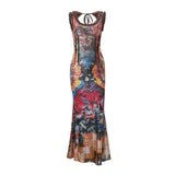 Toloer Women's Summer New French Oil Painting Print Vintage Dress Sexy U-Neck Fishtail Sling Dress Woman-Outfit