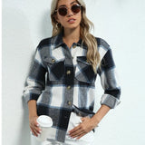 Plaid Print Coat Women Winter Long Sleeve Turndowm Collar Single Breasted Pocket Slim Woolen Blazer Casual Loose Warm Jacket